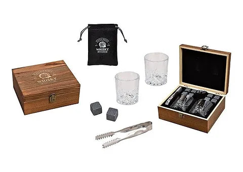 Whisky set with two glasses and basalt stones